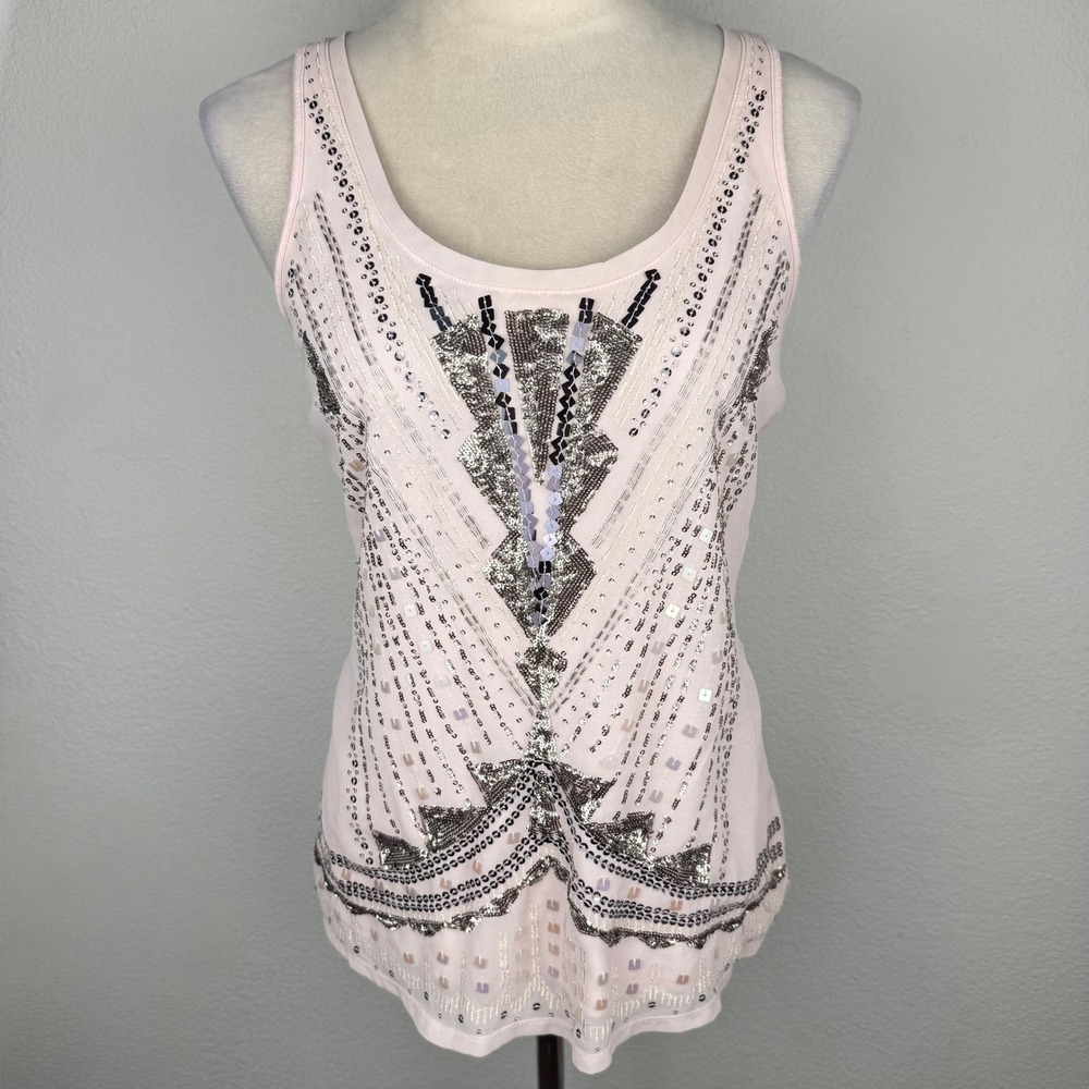 Express Pink Sequin Art Deco Embellished Tank Top Size Sm Sleeveless Scoop Neck